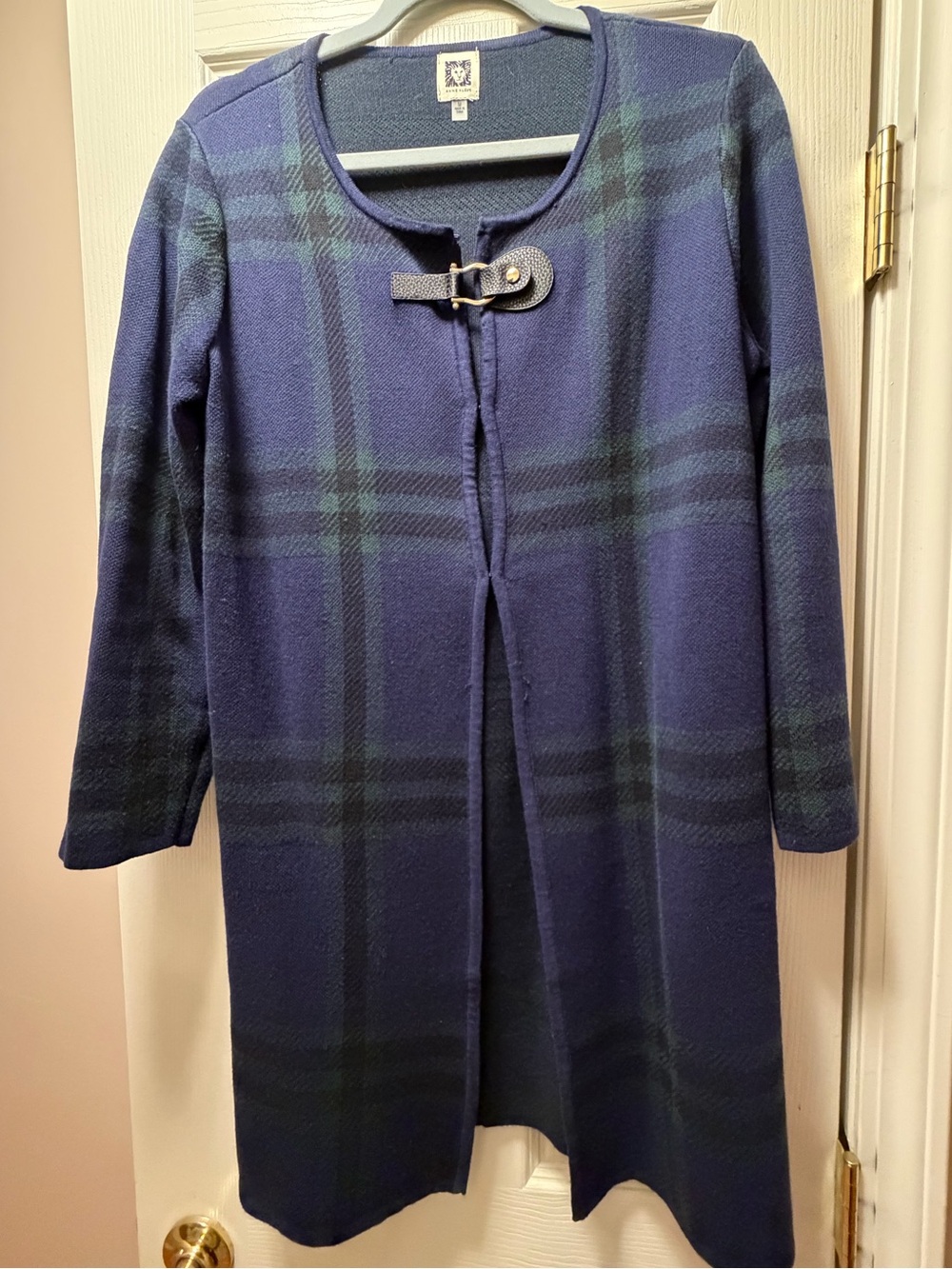Anne Klein Navy Plaid Jacket Shawl with Buckle